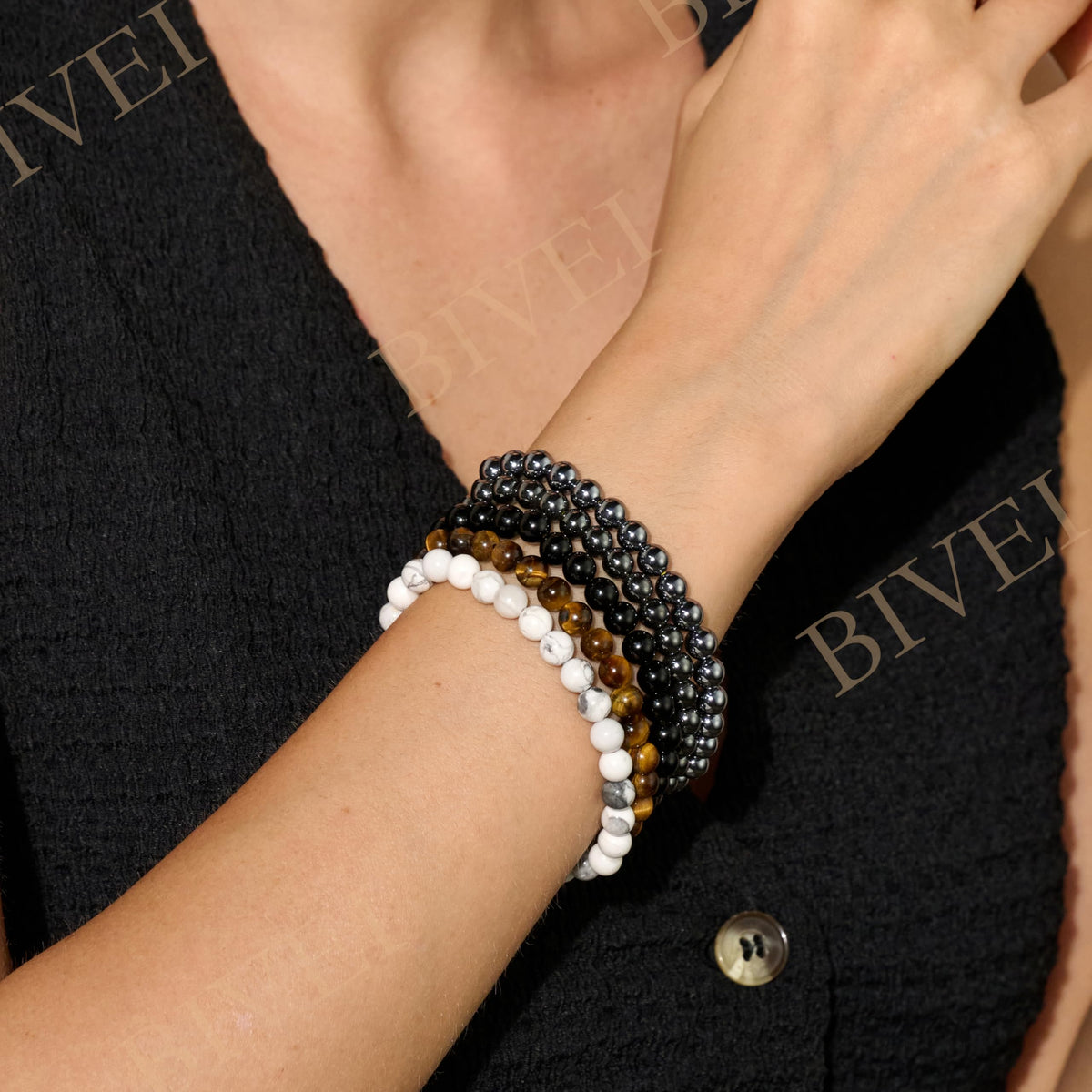 Bivei Black Tourmaline - Protection & Grounding - 6mm Beaded Bracelets for Women Handmade Semi Precious Natural Stone Stretch Elastic Jewelry for Women Yoga Protection Gifts Small