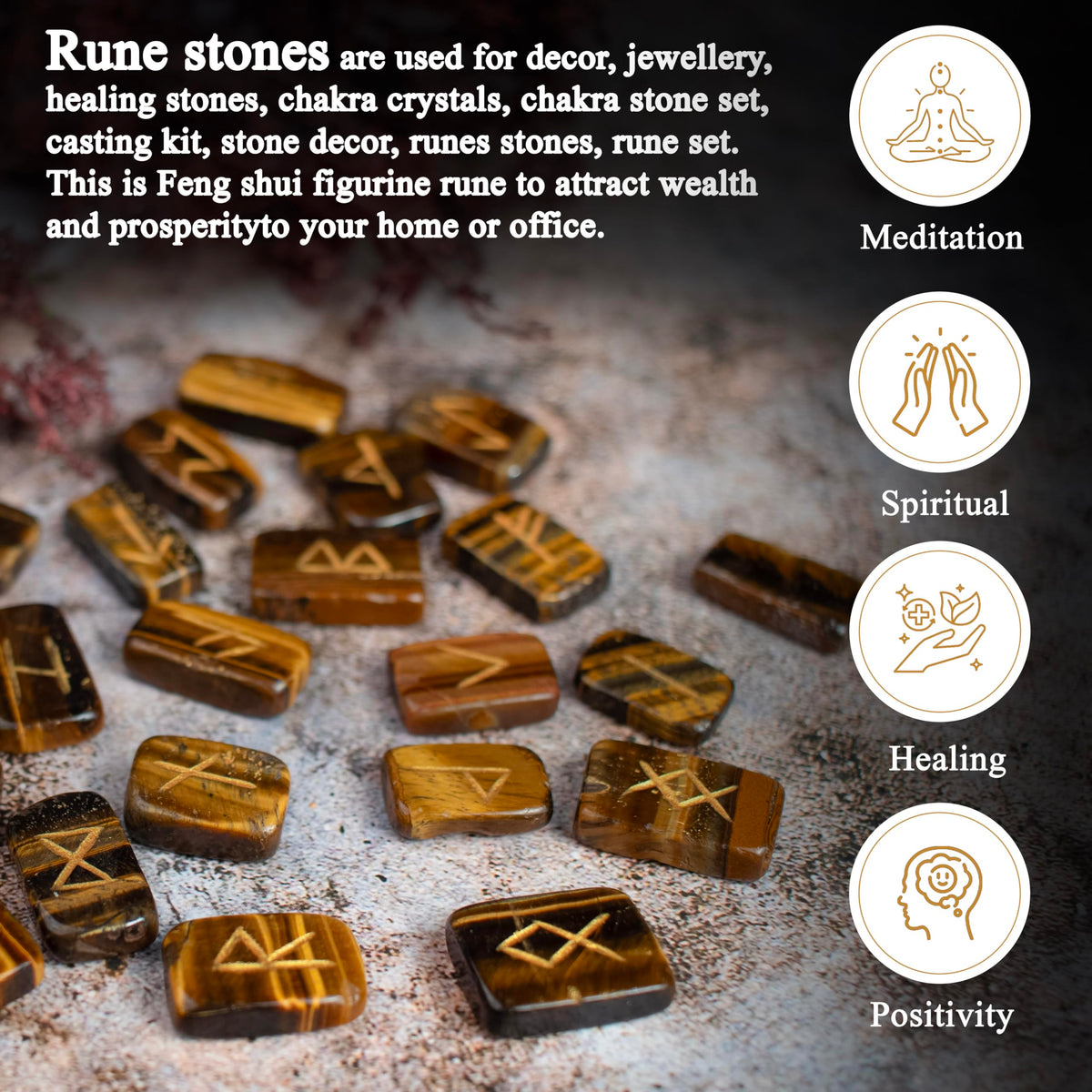 Crocon Tiger Eye Rectangle Shape Gemstone Runes with Elder Futhark Alphabet Engraved 25 pcs Rune Set Crystal Divination Metaphysical Healing Chakra Reiki Runes Set with a Pouch Size : 20-25mm