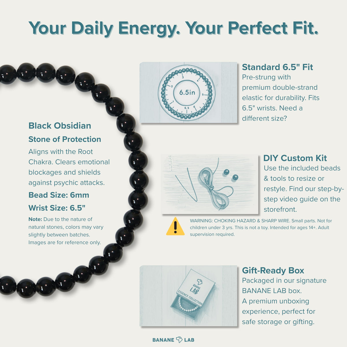 BANANE LAB Black Obsidian Bracelet for Men Women 6mm - Real Natural Crystal Bead Stretch Bracelets - Classic Unisex Protection Stone Jewelry - Standard 6.5" Wrist Fit with DIY Repair Kit