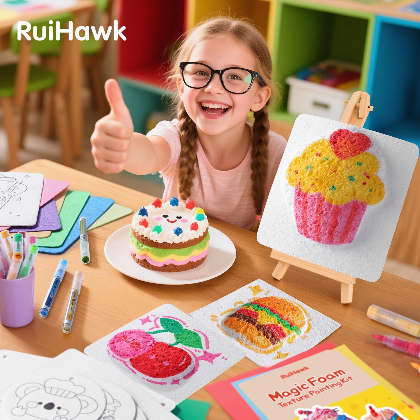 RuiHawk 3D Magic Foam Texture Painting Kit, 75 Pcs Puff Paint Art Supplies with 24 Auto-Flow Markers, 38 Texture Sheets & 10 Bead Necklace, Non-Toxic Creative Puffy Paint Gift for Boys Girls Ages 4-12