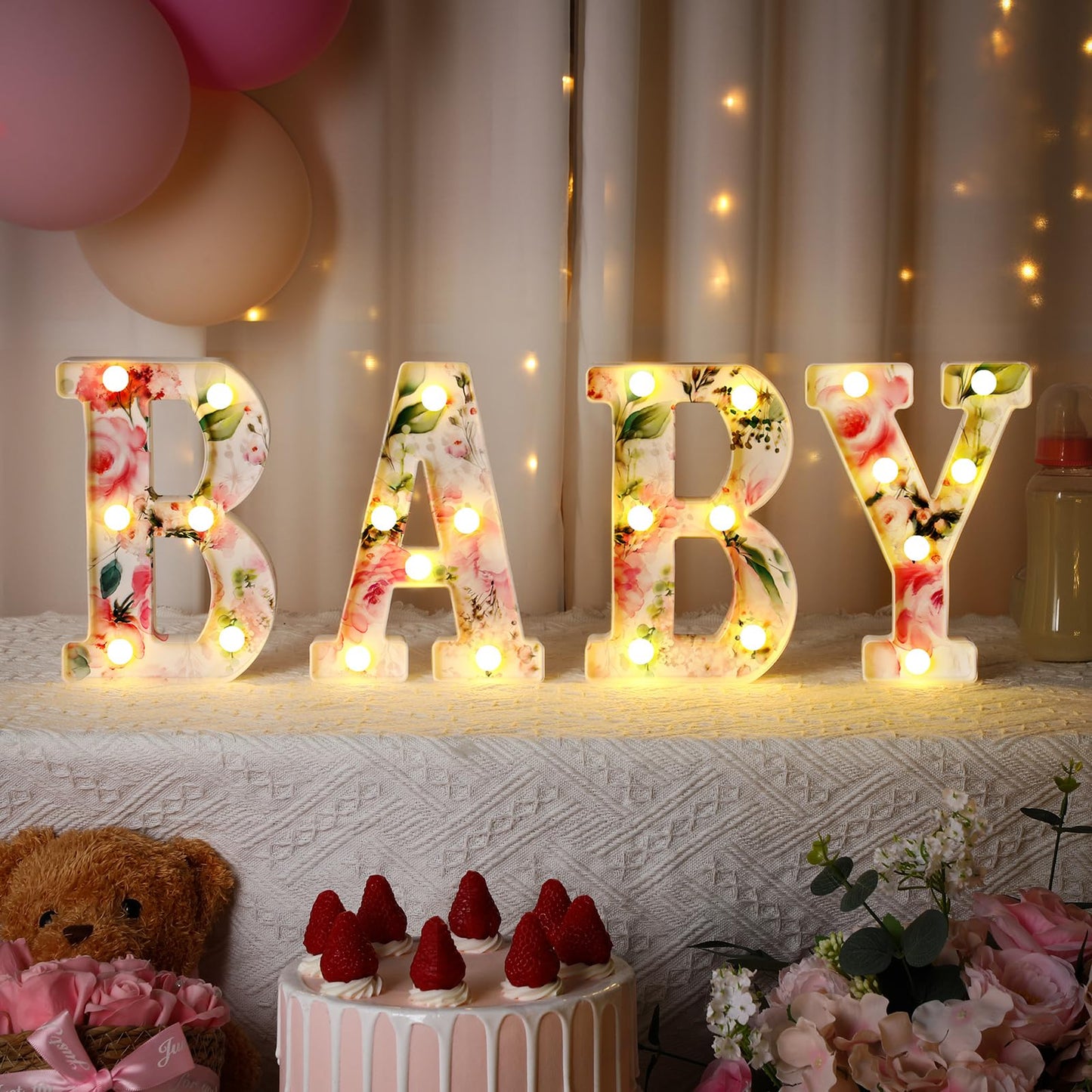Realspring Woodland Greenery Centerpieces Baby Marquee Light up Sign Letters 8.15'' Baby Shower Letter Battery Operated Gender Reveal Birthday Party Decor for Home Table(Pink)