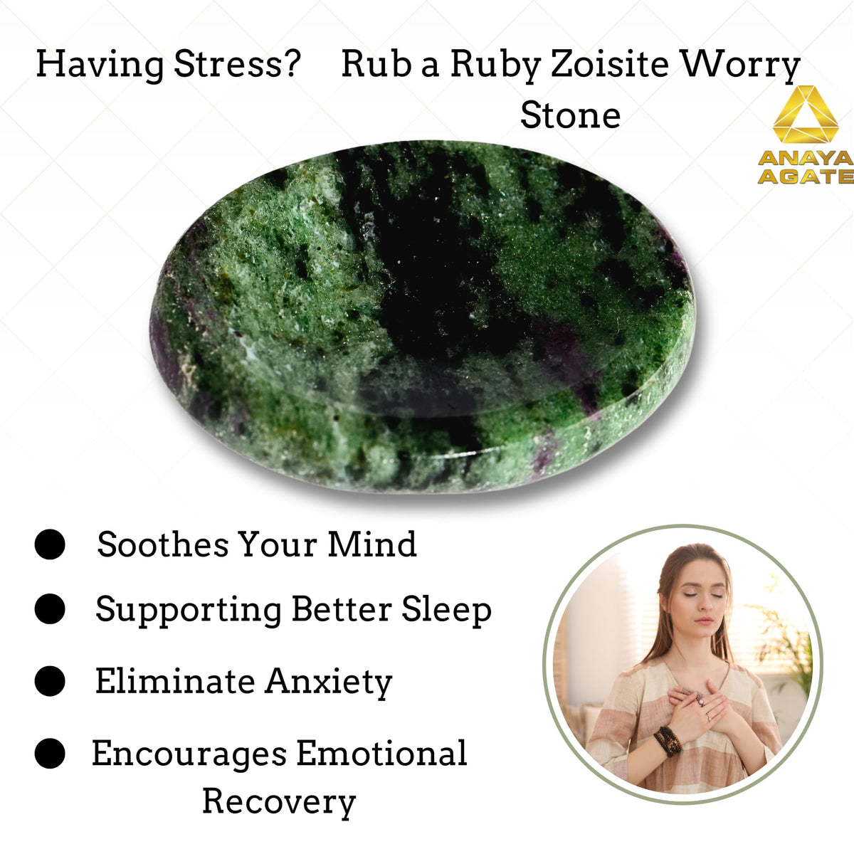 Anaya Agate Ruby Zoisite Worry Stones Certified Crystal Thumb Worry Stone for Anguish, Relaxing and Soothing Balance Stones for Meditation, Stress Relief Crystals and Healing Stones for Men, Women