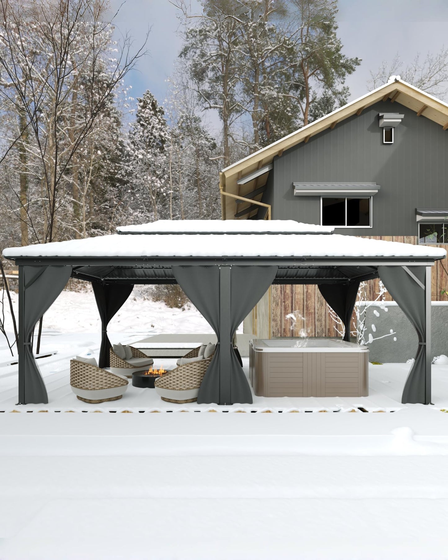 KYBOLT 12x20 Ft Hardtop Gazebos with Heavy Duty Double Roof, Nettings and Curtains Galvanized Steel Outdoor Gazebos for Patio, Backyard, Deck, Lawn (Grey)