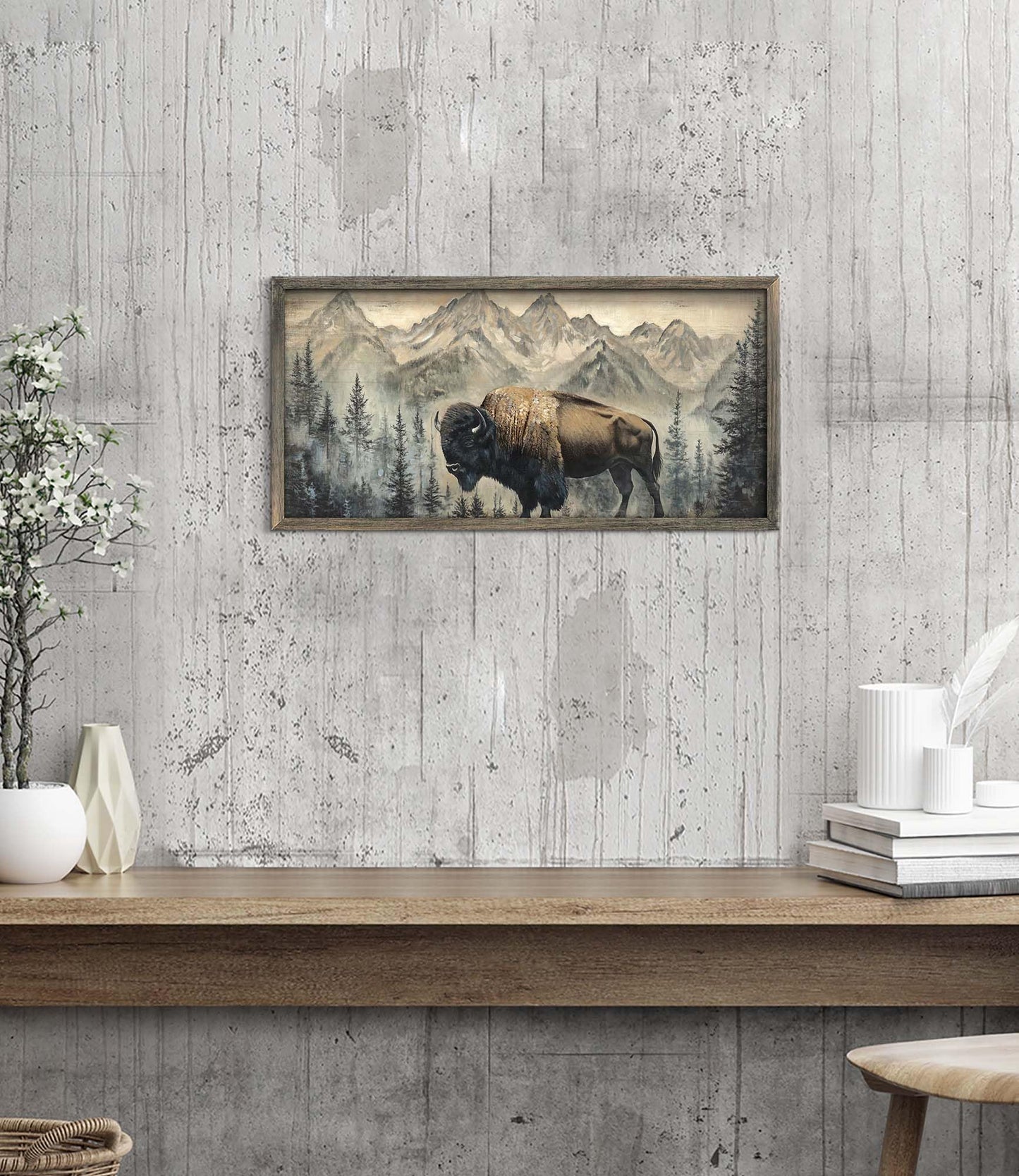 Wildlife Wall Art Framed Decor: Wild Animal Wood Print Decoration Buffalo Bison Picture Rustic Nature Woodland Painting Artwork for Cabin Bathroom Living Room 24 x 12 Inch