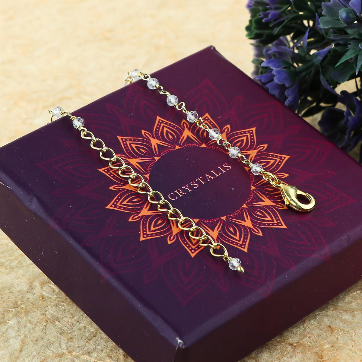 JOR Natural White Topaz Beaded Rosary Anklet, Handmade Craft, Anklet Beads Bracelet, Chakra Healing Anklet, Gemstone Women Jewelry, Dainty Gold Plated Anklet 9 inch + 2 inch (1pcs)