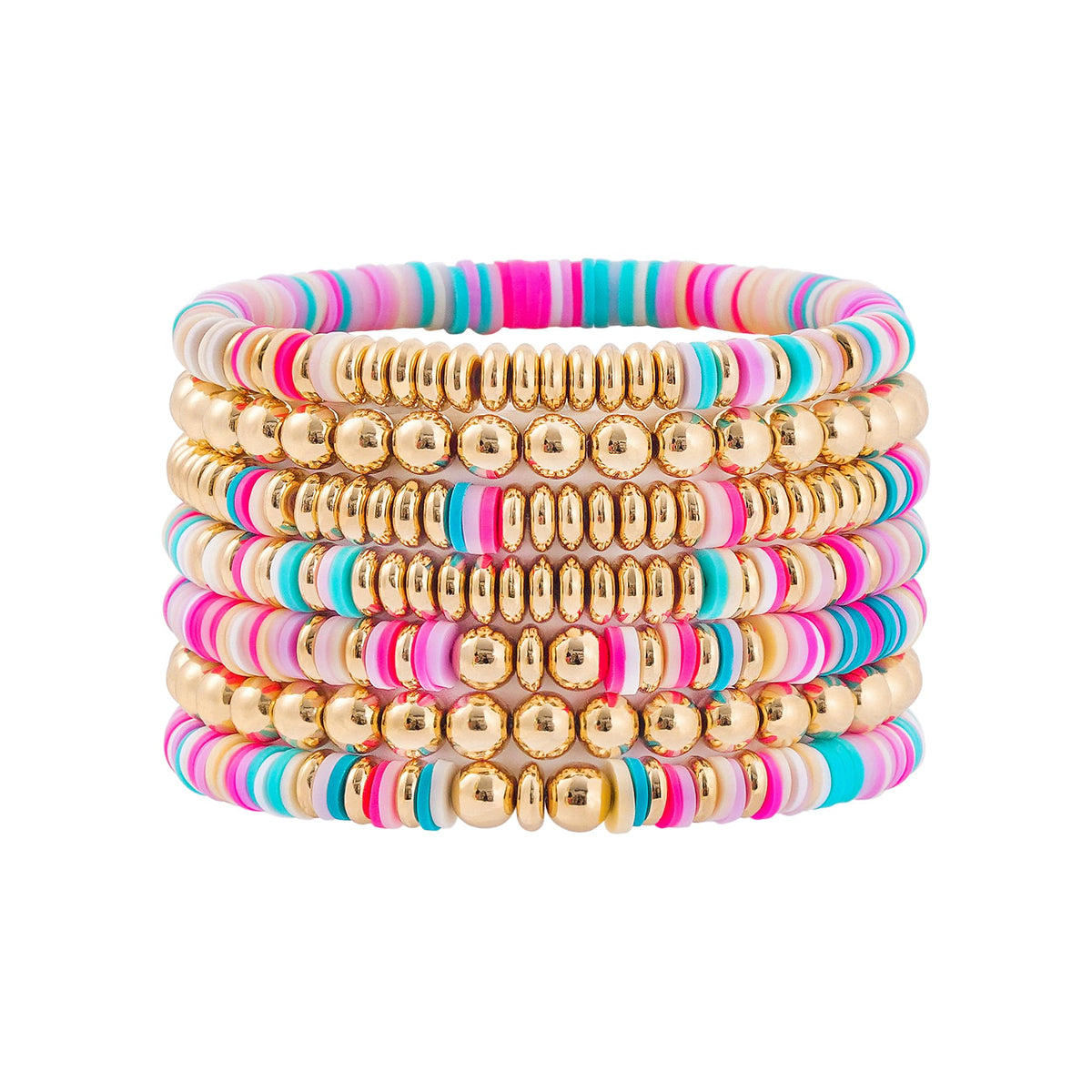 GOOJIDS Surfer Heishi Clay Bead Bracelets for Women Bohemian Stackable Gold Plated Beaded Stretch Bracelets Elastic Layering Friendship Bracelets Set Boho Jewelry (F-Pink Multicolor Set)