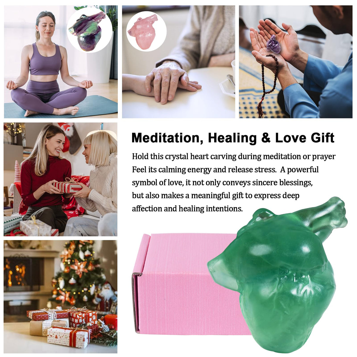 QLRSUXN Fluorite Heart Crystal Figurines, 2.1 Inch Crystal Heart Love Statue for Home Decor, Meditation and Stress Relief, Hand Carved Natural Healing Stone Cardiac Sculpture Spiritual Gift for Women