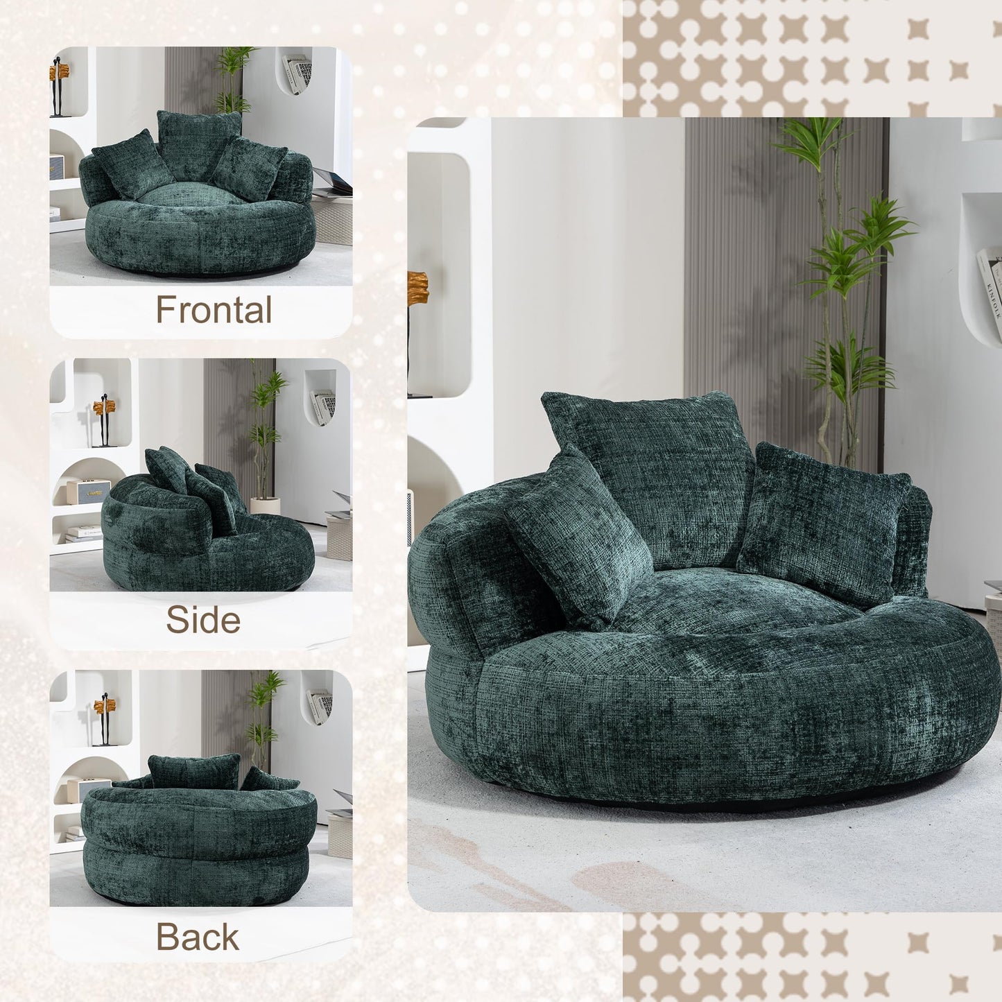 Oversized Lazy Sofa Bean Bag Chair with High Back and 3 Pillows, Chenille Fabric Comfy Lounger for Adults & Kids, Single Floor Gaming Sofa Chair for Bedroom, Living Room, or Office (Emerald)