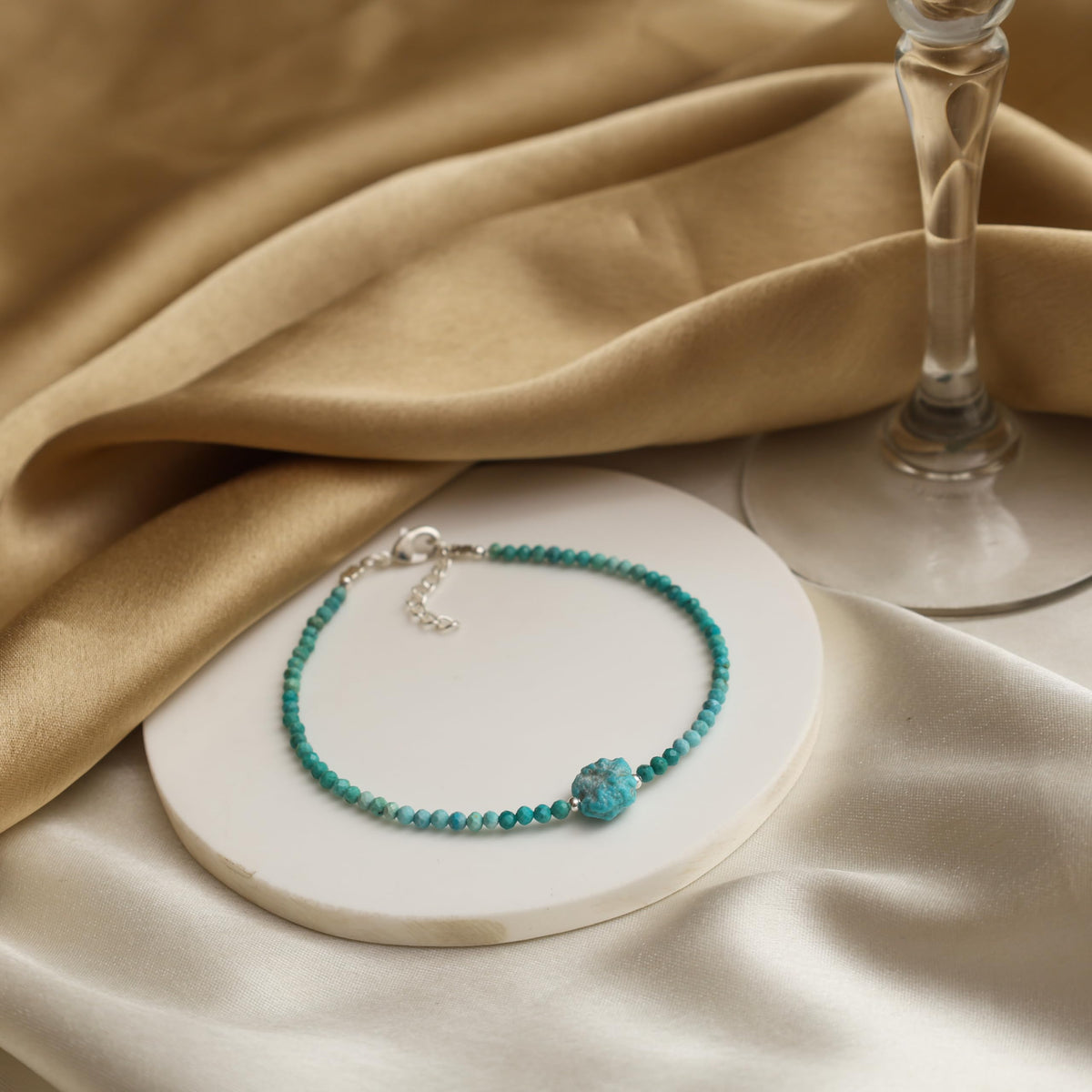 Gempires Real Turquoise Beaded Bracelet with Raw Gemstone Handmade Jewelry December Birthstone Crystal Jewelry Hypoallergenic 8 Inch Silver Plated Dainty Birthday Gifts for Women