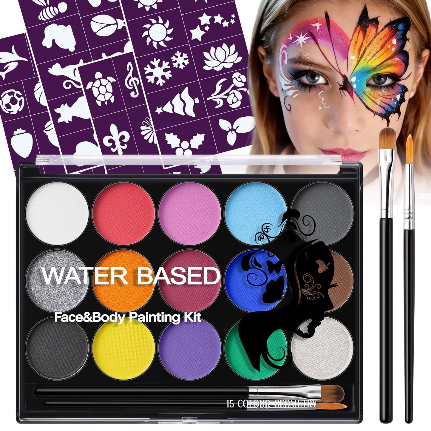 Face Painting Kit for Kids, 15 Colors Water-Based Face Paint Palette with Stencils | Safe Skin-Friendly Body Paint for Halloween Makeup, Birthday, Sport & School Events