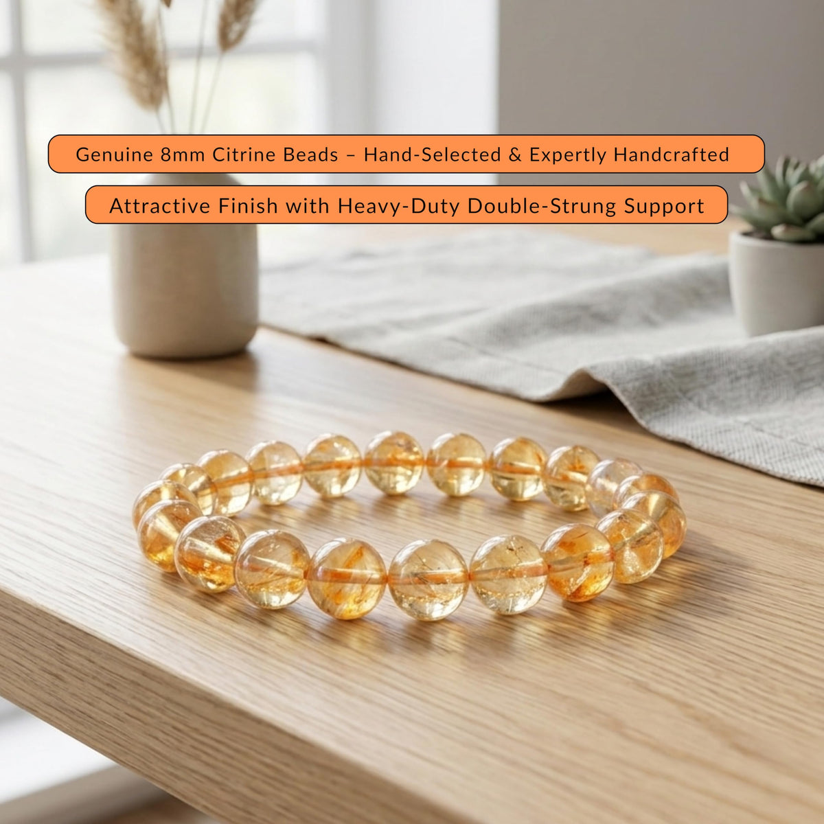 Cherry Tree Collection Citrine Beaded Bracelet – Genuine 8mm Gemstone Stretch Bracelet for Men & Women – Handmade Crystal Bracelet - (Citrine - M)