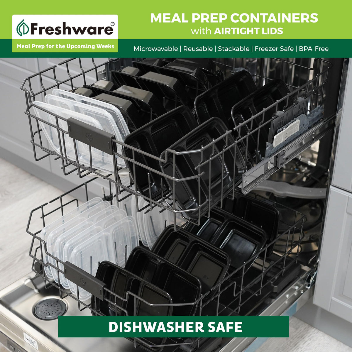 Freshware Meal Prep Containers [15 Pack] 2 Compartment with Lids, Food Storage Containers, Bento Box, BPA Free, Stackable, Microwave/Dishwasher/Freezer Safe (28 oz), Black