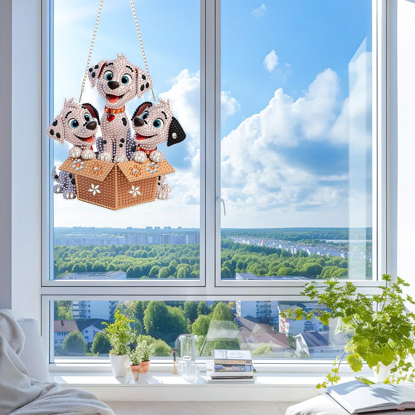 KEYIFA Dalmation Diamond Art Hanging Kits with Chain, Special Shaped Drill Diamond Painting Pendant, Cartoon Crystal Gem Art Pendant 5D Window Crafts for Wall Garden Door Decor (Width 7.9 in)