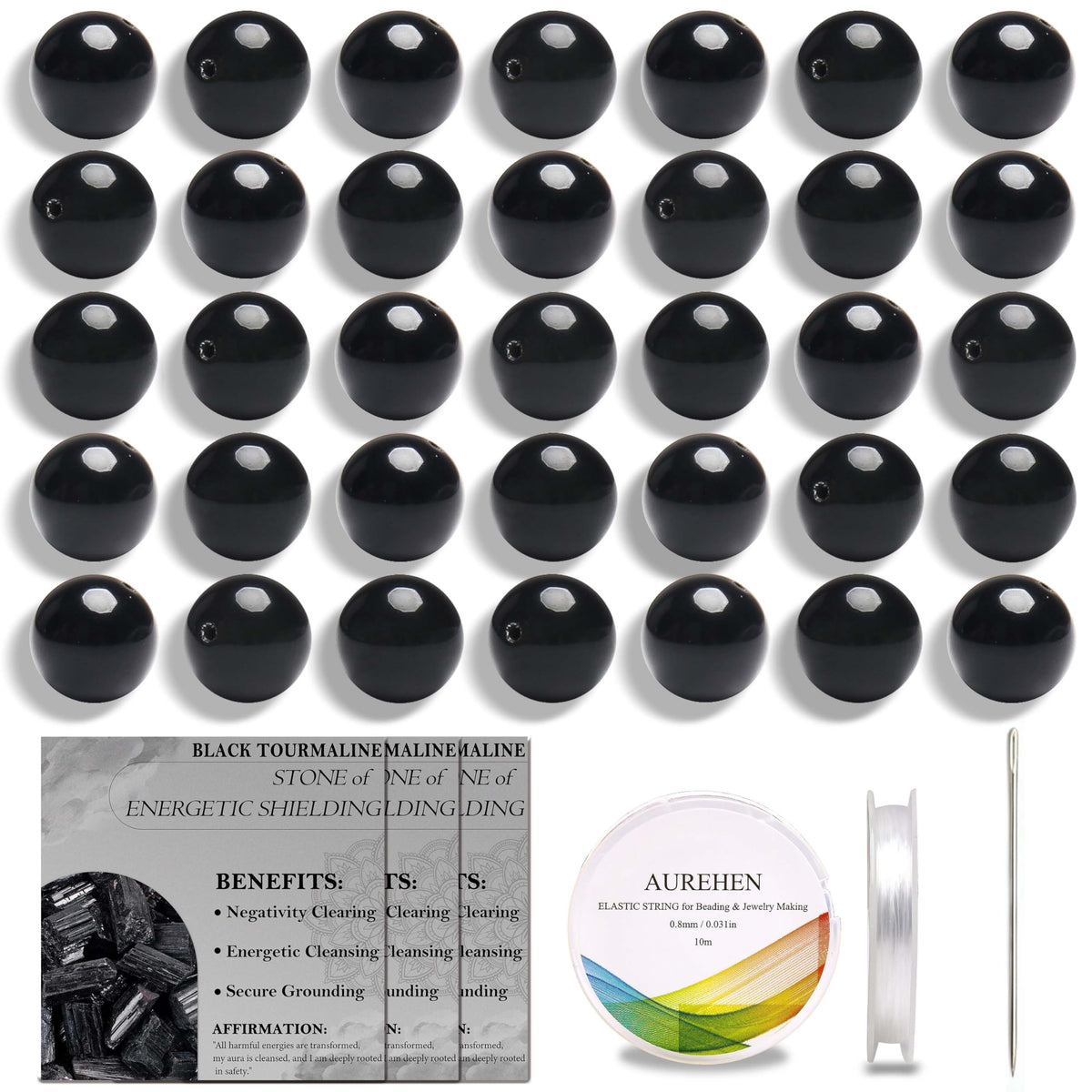 Aurehen Natural Gemstone Beads with Thread Needle Card as Complete Jewelry Making Kit, 120PCS 6mm Round Loose Energy Stone Spacer Beads, Smooth Healing Crystals for DIY Crafts (Black Tourmaline)