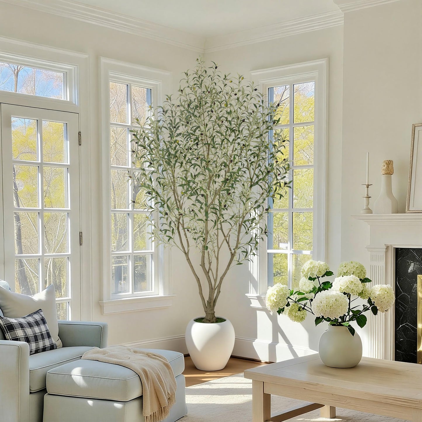 Nafresh 8FT Large Faux Olive Tree with 15''Wx13.5''H White Planter & Warm White Spotlight, Olive Trees Artificial Indoor with Multi Branches, Fake Olive Tree for Indoor Outdoor Home Office Decor