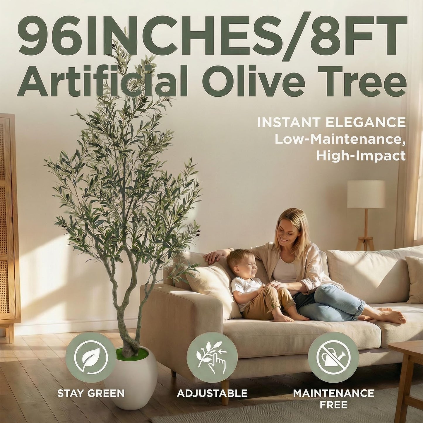Huhemy 8ft Faux Olive Tree Artificial Indoor,Fake Olive Tree with Pot,Large Olive Branches and Lifelike Fruits,for Home Office House Living Room Decor
