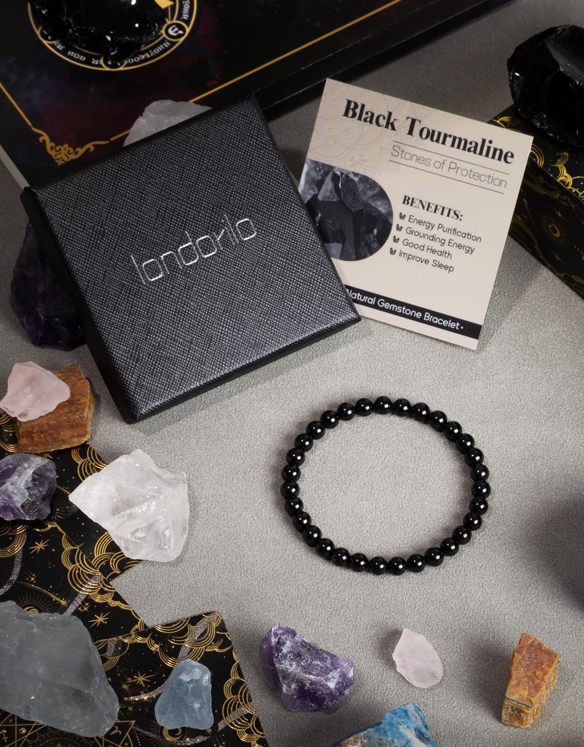 Landorilo Beaded Bracelet for Men Women, 6mm Natural Stone Black Tourmaline Healing Crystal Stretch Bracelets, Ideal Christmas Birthday Jewelry Gifts with Energy Card，Replacement Beads Included