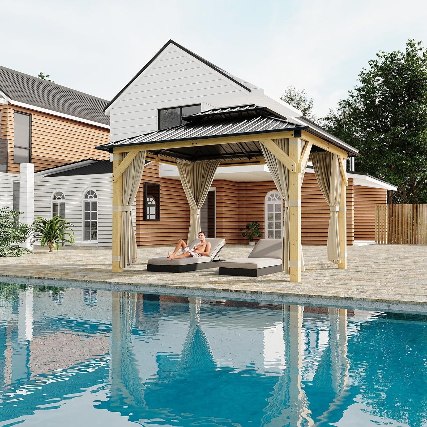 12' × 10' Hardtop Wood Gazebo with Double Galvanized Steel Roofm, Upgrade Wooden Frame with Nettings & Curtains for Backyard, Patio, Garden, All-Weather Khaki Outdoor Pavilion (4 Packages Shipped)