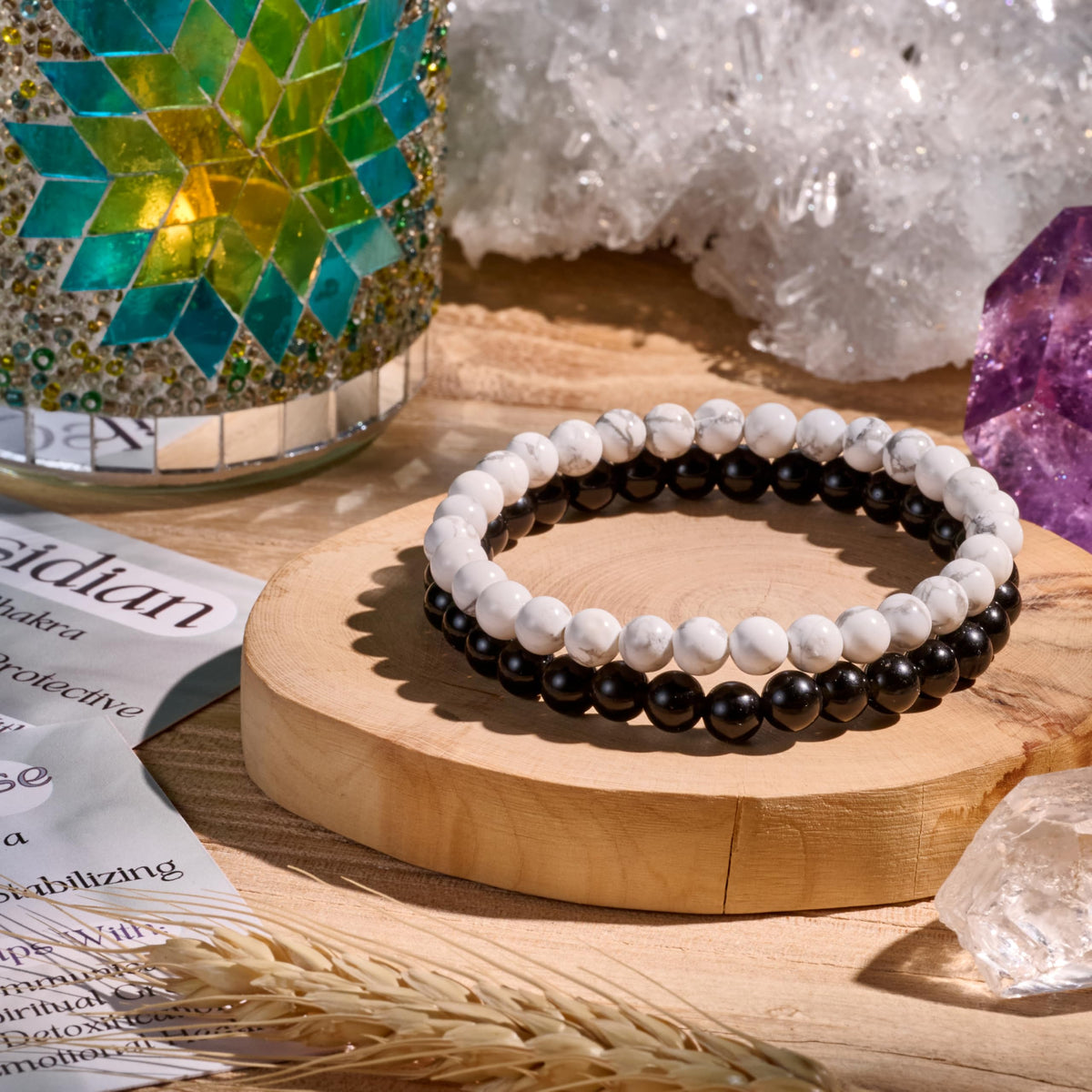 Bivei 2-Piece 8mm Beaded Bracelets for Women – Black Obsidian, Howlite – Handmade Natural Crystal Stretch Elastic Jewelry for Meditation, Yoga, Protection Gifts