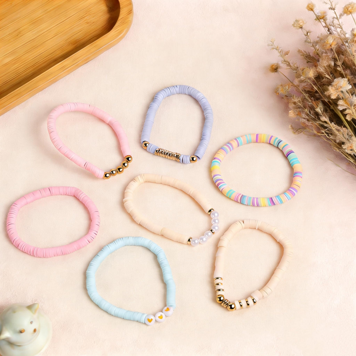 YEOSMINE Boho Heishi Clay Beaded Stretch Bracelets Stack For Women, Preppy Teens Friendship Gold Bracelets Cute Beach Surfer Accessories Bulk Set Trendy Fashion Jewelry