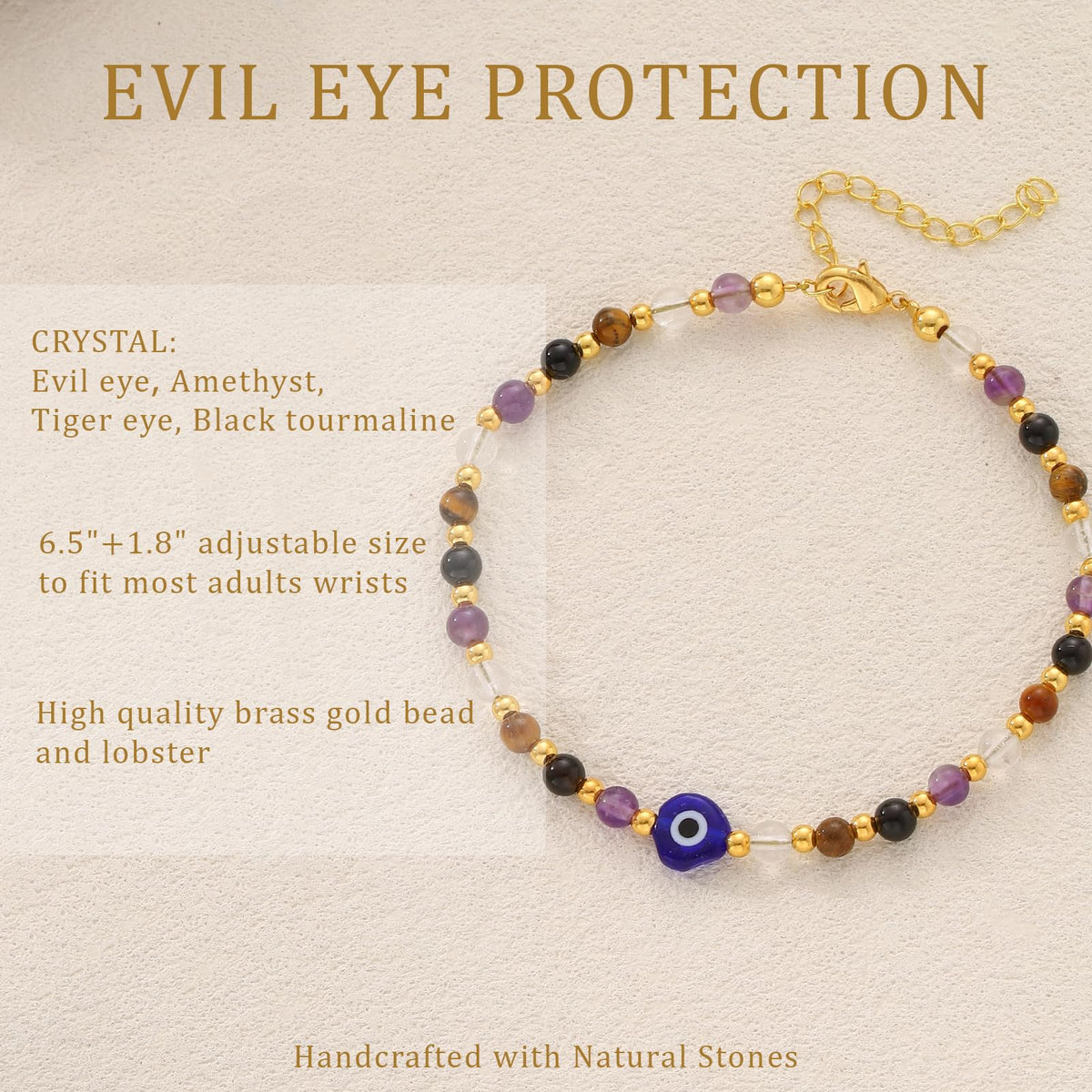 Kenailw Evil Eye Bracelet Natural Crystal Protection Bracelet Healing Stones Amethyst Black Tourmaline Tiger Eye Adjustable Spiritual Guardian Jewelry Gift for Best Friend Women