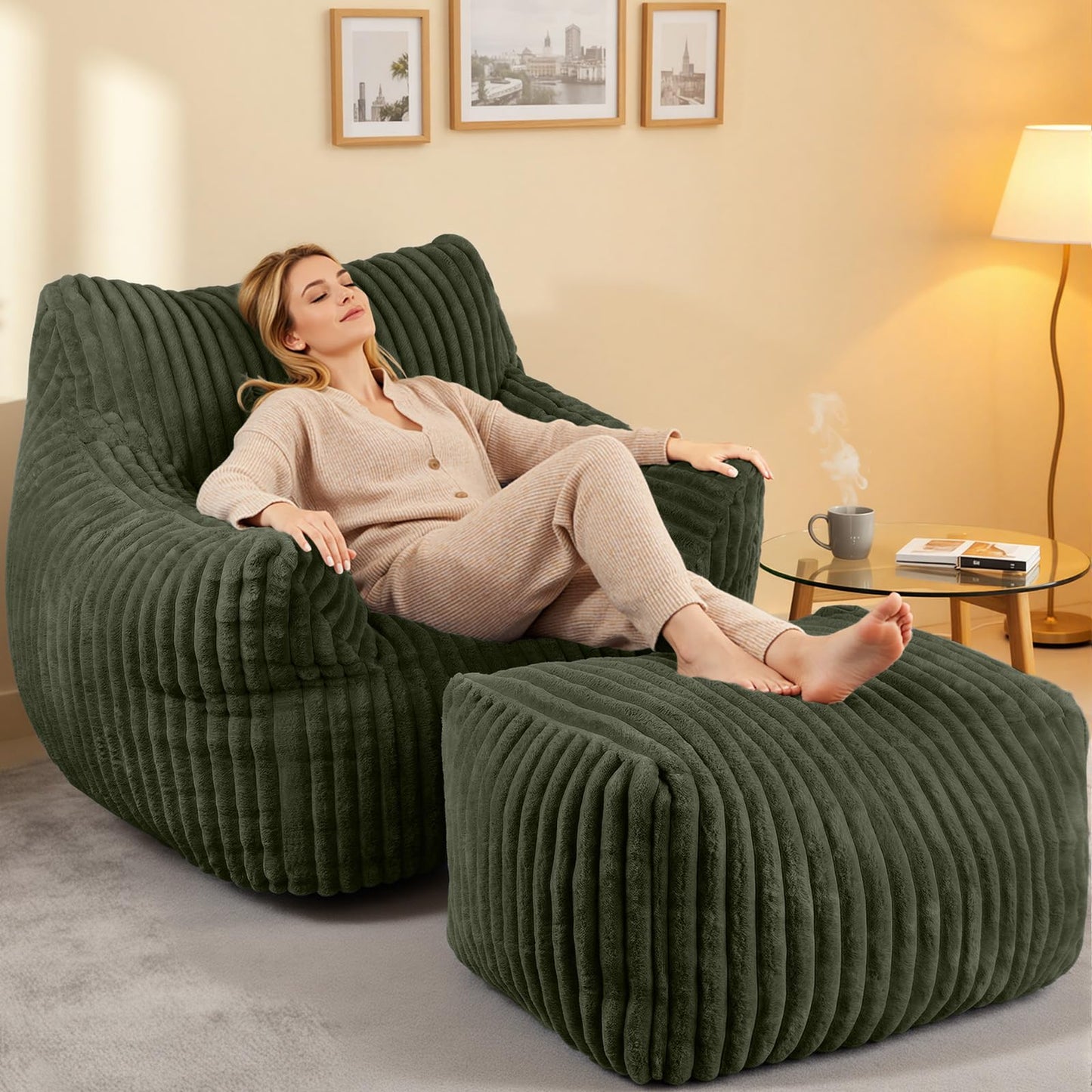 HarborHue Giant Bean Bag Chair with Ottoman, Oversized Memory Foam Bean Bag Sofa for Adults and Kids, Large Comfy Fluffy Single Lounges Mini Couch for Living Room, Bedroom & Dorm(Green)