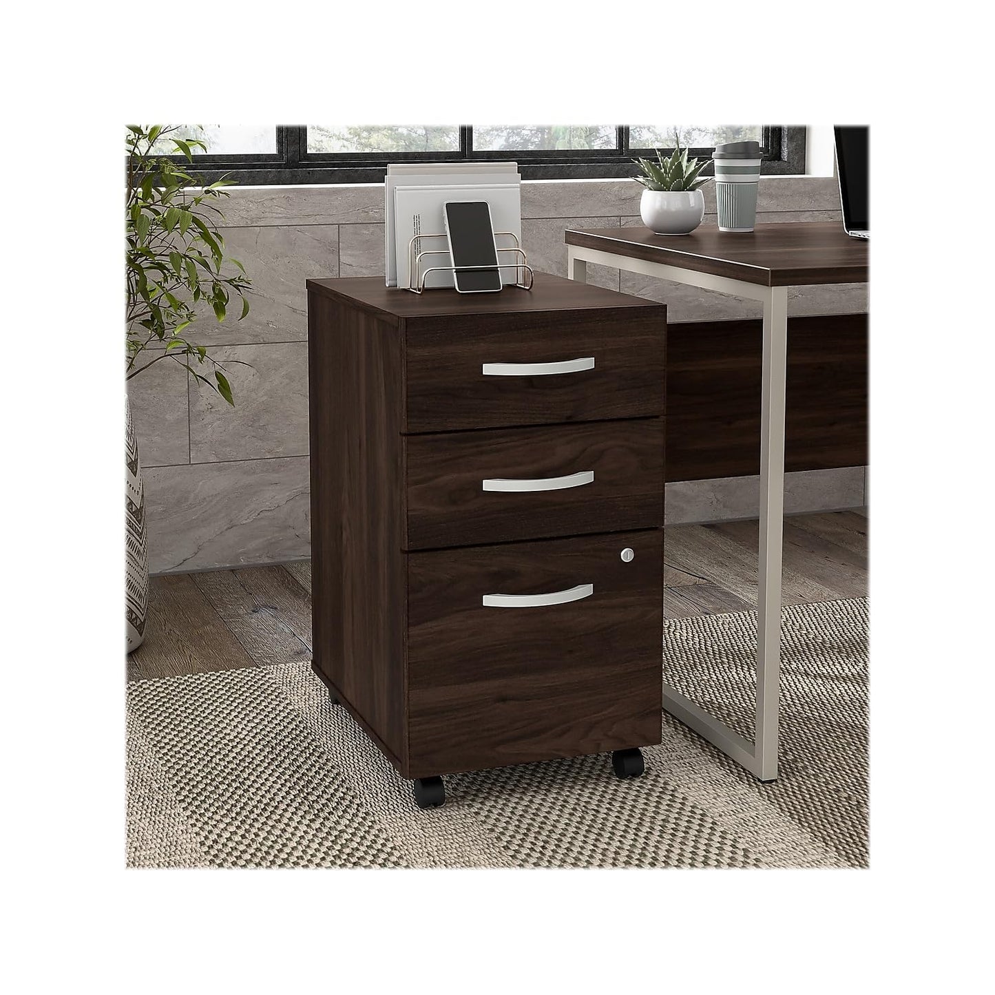 Bush Business Furniture Hybrid 3 Drawer Mobile File Cabinet-Assembled, Black Walnut