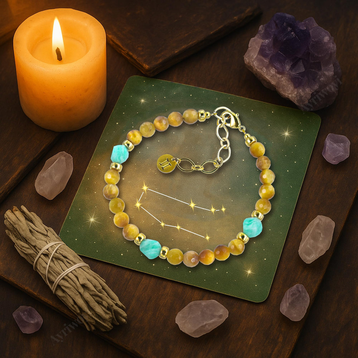 Ayriwoyi Gemini Zodiac Bracelet Yellow Tiger’s Eye Amazonite Healing Facet Stone 12 Constellations Astrology Bracelet Birthday Zodiac Inspirational Gifts