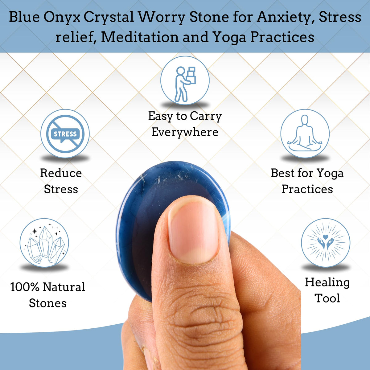 Anaya Agate Blue Onyx Worry Stones Certified Crystal Thumb Worry Stone for Anguish, Relaxing and Soothing Balance Stones for Meditation, Stress Relief Crystals and Healing Stones for Men, Women