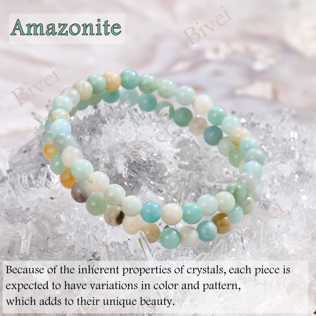 Bivei Amazonite - Abundance - 6mm Beaded Bracelets for Women Handmade Semi Precious Natural Stone Stretch Elastic Jewelry for Women Yoga Protection Gifts Small
