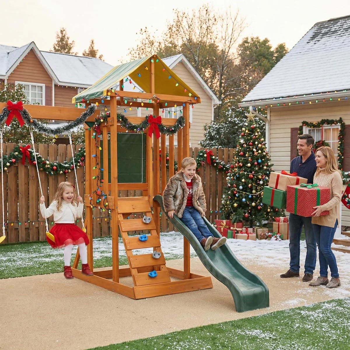 AkiiGer Cedar Wooden Backyard Playset with Swings, Wave Slide, Rock Wall Ladder, Sandbox Chalkboard & Canopy Roof, Outdoor Swing Set