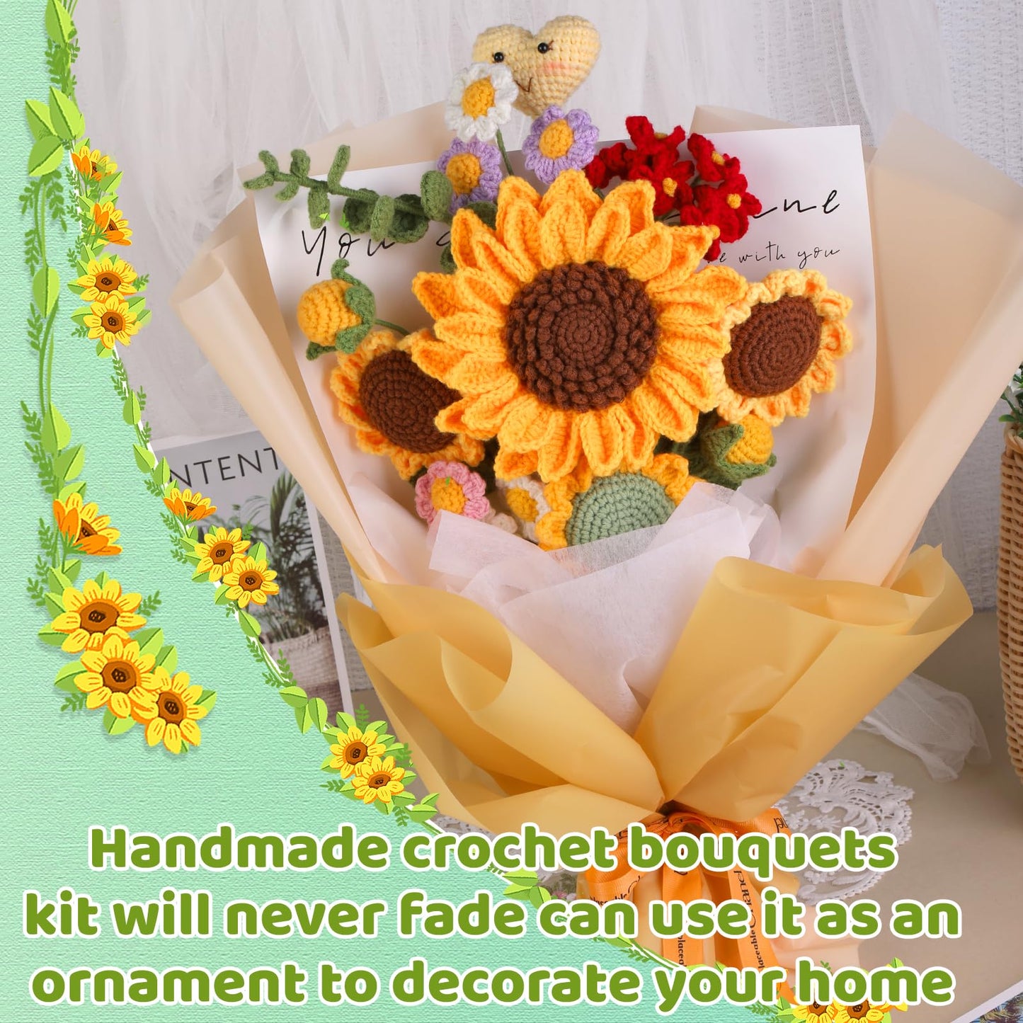 Iuuidu Crochet Kit for Beginners, Sunflower Beginners Crochet Kit, Crochet Flower Bouquet Kit, Knitting Starter Kit for Adults with Step-by-Step Video Tutorials Birthday Wedding Day Present