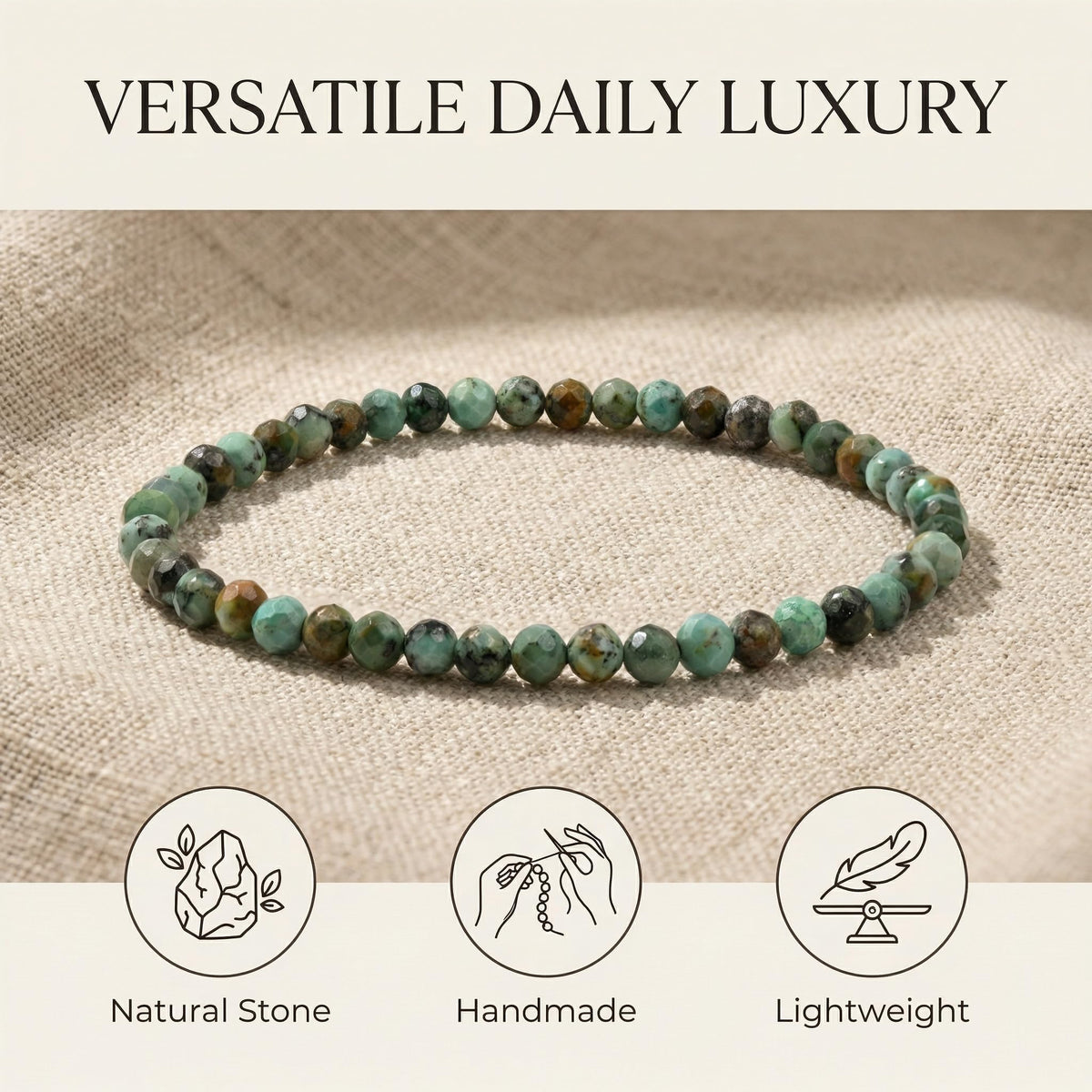Angelstones Natural African Turquoise Gemstone Small Beaded Stretch Bracelet, 4mm Faceted Round Beads, Crystal Healing Bracelet for Women