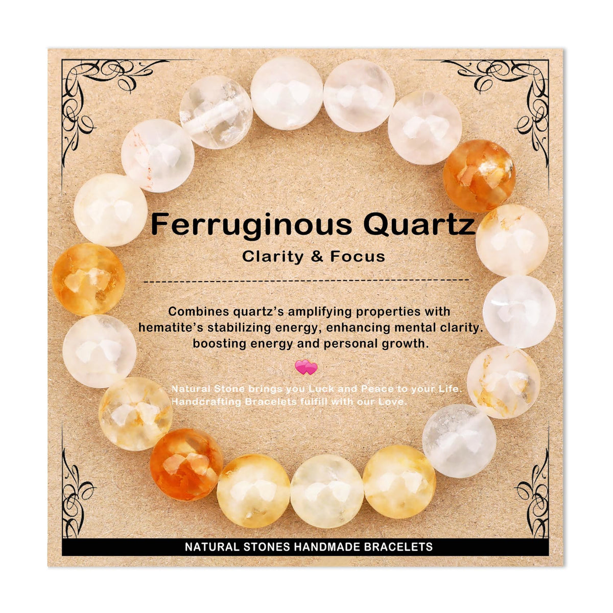 AD Beads 10mm Handmade Ferruginous Quartz Elastic Bracelet – Natural Gemstone for Clarity & Focus – Meditation, Yoga, Healing and Energy Gift for Men Women