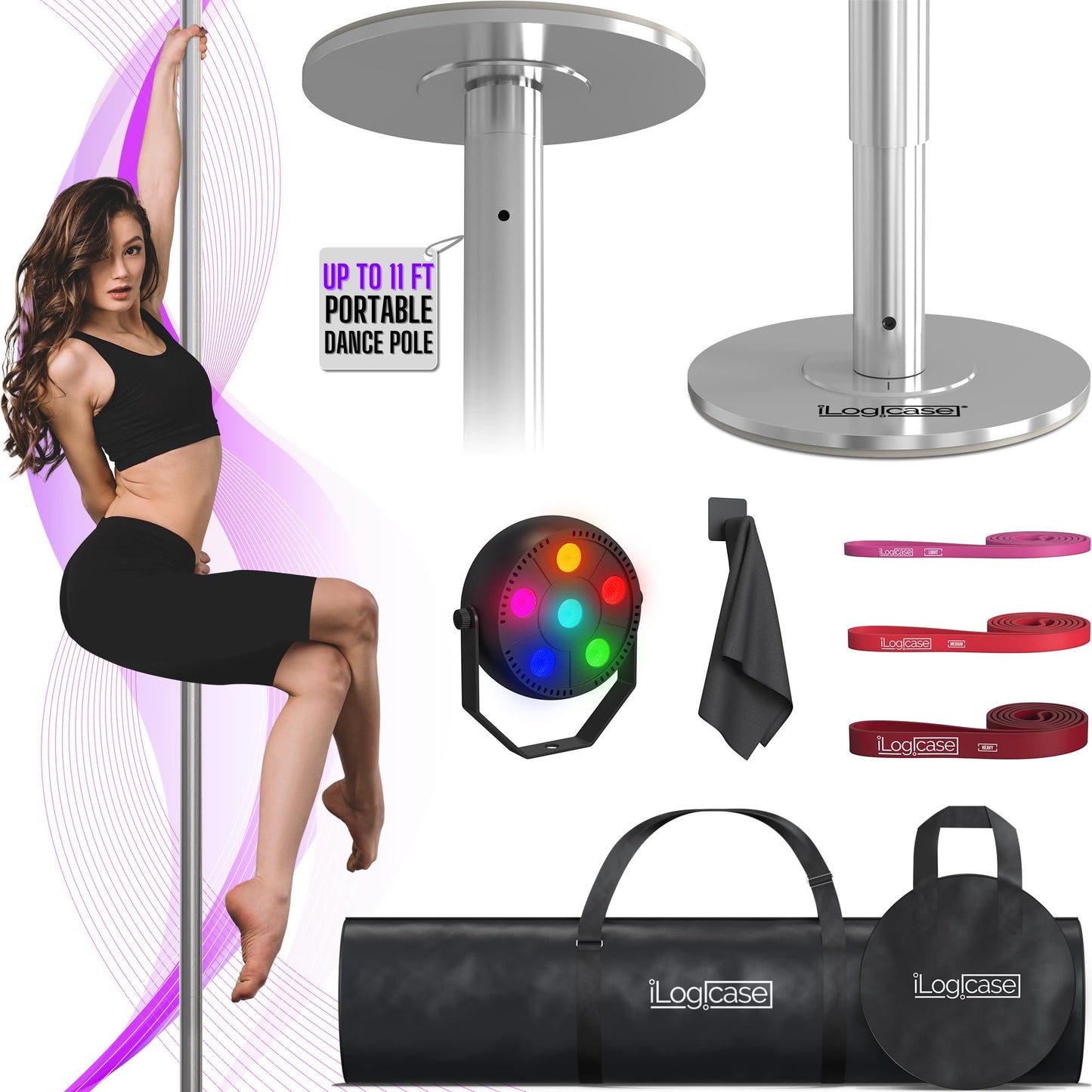 ILOGICASE Spinning Dancing Pole for Home | Portable and Heavy Duty 45mm Dance Pole Apartment Friendly, Adjustable Height 7ft to 11ft, w/Pole Conditioning Bands Set, LED Light and Carry Bags (Chrome)