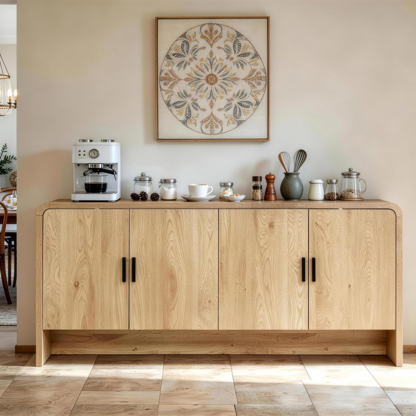 Finnhomy 68'' Sideboard Buffet Cabinet with Storage, Curved Design Credenza Storage Cabinet with 4 Doors, Console Cabinet for Kitchen, Living Room & Hallway, Natural