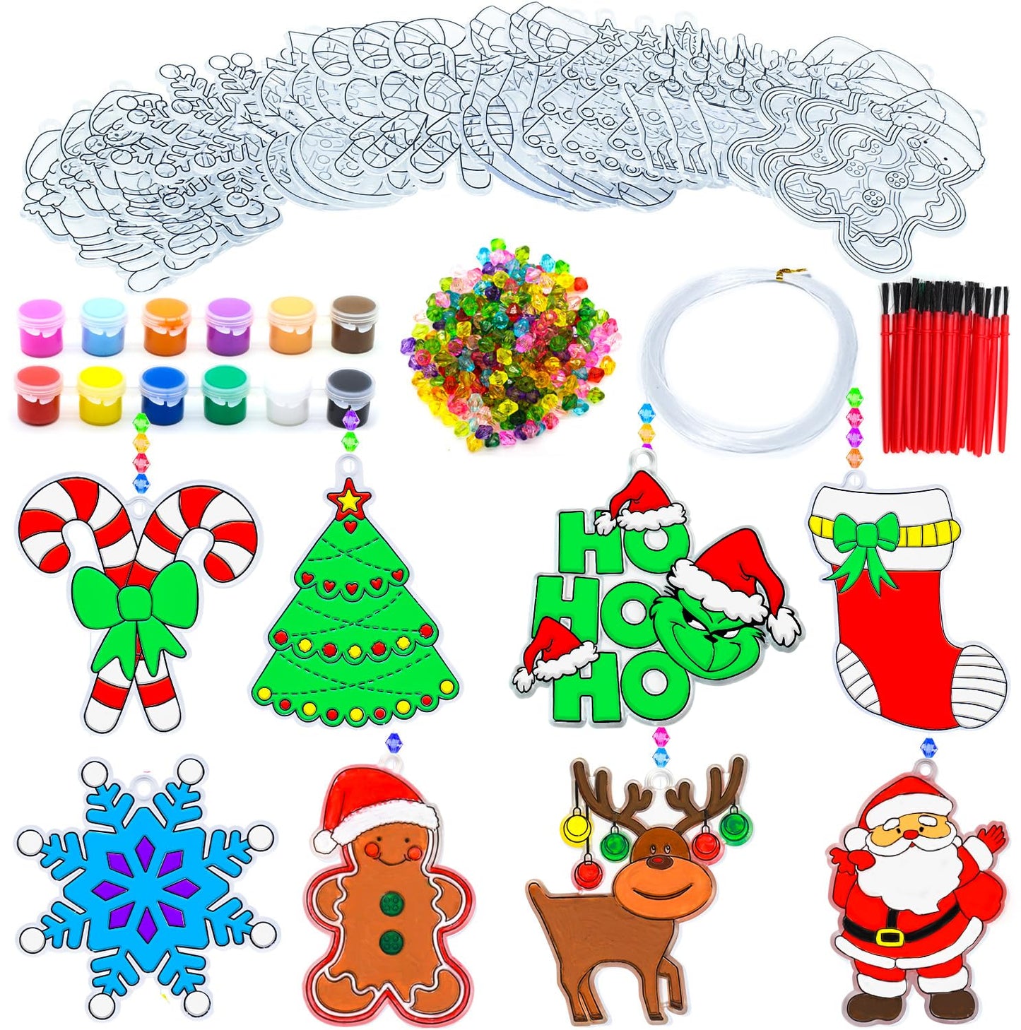 Fprl 24 Sets Christmas Craft Kits DIY Window Paint Art Suncatchers Assorted Sun Catcher Kits for Ornaments Santa Snowflake Snowman Decorations Project
