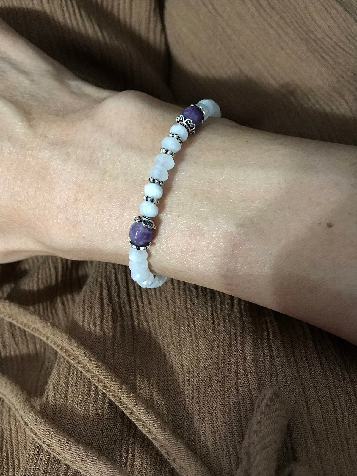 Customized 5mm Faceted Moonstone and Phosphosiderite Bracelet. Sterling Silver Accent Beads. New Beginning-Emotional Balance.