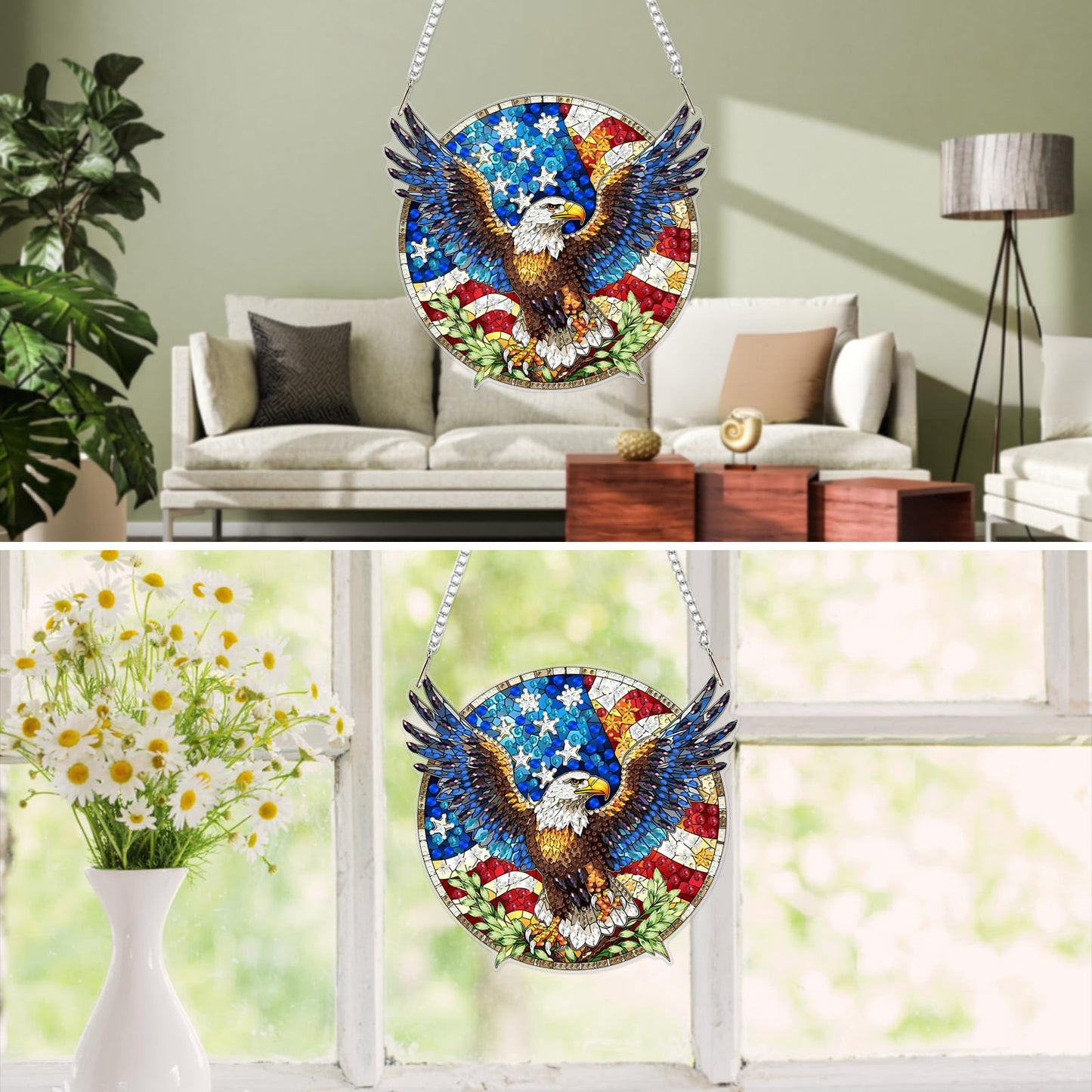 MXJSUA American Bald Eagle Diamond Painting Art Window Suncatchers, Diamond Art Kits for Adults Hanging Ornaments with Chain, 5D Special Shape Crystal Diamond Pendant Accessories for Decor Gift