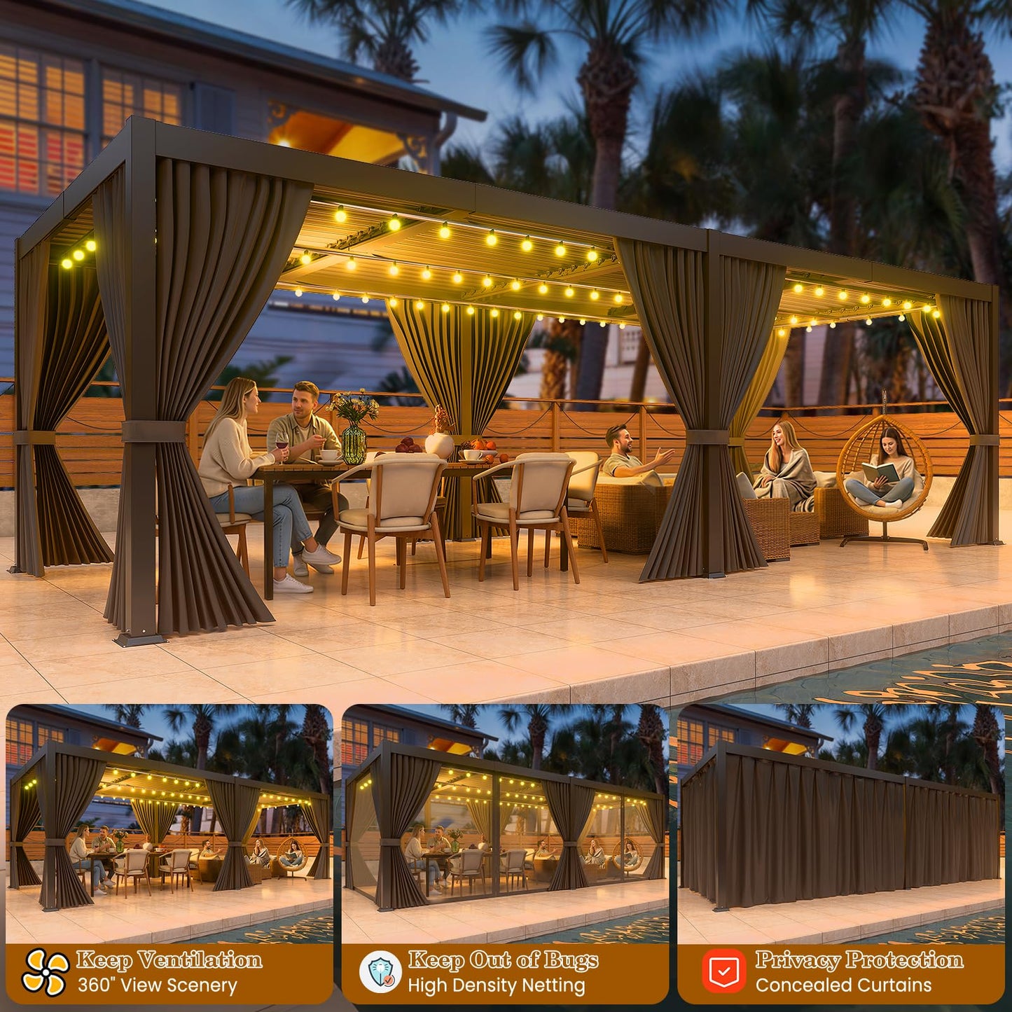 LEVELEVE 10' x 20' Louvered Pergola with Adjustable Roof, Outdoor Metal Patio Gazebo with Curtains & Netting, Gutter System, Large Hardtop Canopy for Garden, Deck, Backyard