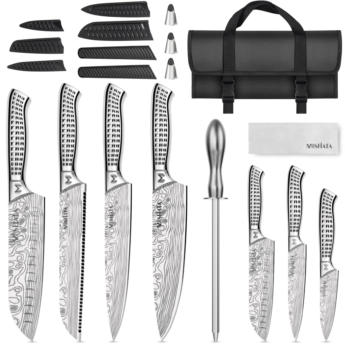 MOSFiATA Kitchen Knife Set, 12 Pcs Japanese Stainless Steel Knife Sets for Kitchen with Oxford cloth storage bag with Knife Sharpening Rod, Dishwasher Safe, For Outdoor