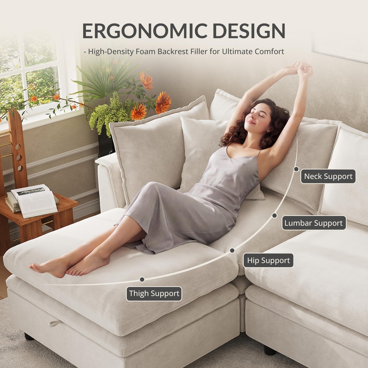 Attalee 113.4'' Modular Sectional Couches for Living Room with Storage Ottoman, Modern Comfy Deep Seat Sleeper Upholstered Cloud Couch Sofa, Oversized 4-Seat L Shaped Couch with Throw Pillows, Beige