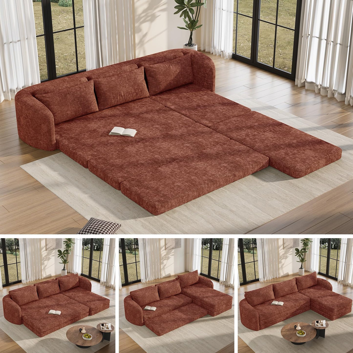 Vesgantti 110.2" Boneless Sectional Couch with Curved Armrest, 6 in 1 Convertible Folding Sleeper Sofa Bed, Chenille Modular Sofa for Living Room, No Assembly Required, Orange, Right Facing Chaise
