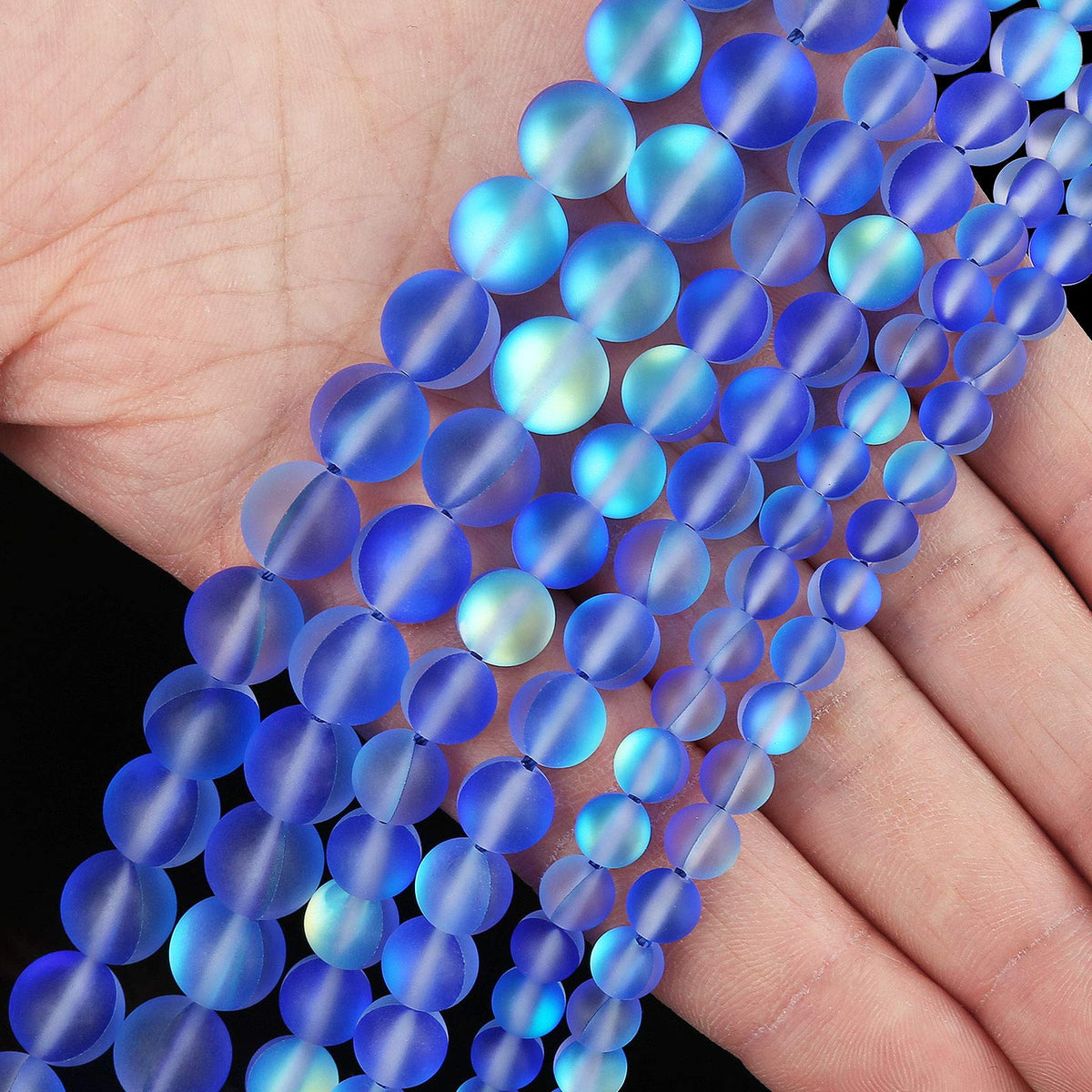 Matte Blue Aurora Crystal Glass Beads, 8MM Frosted Glitter Shining Mermaid Round Loose Beads, Rainbow Holographic Synthetic Moonstone for Jewelry Making DIY Bracelet