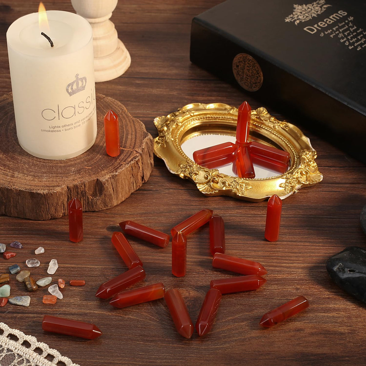 QINJIEJIE Red Carnelian Agate 20 PCS Healing Crystals Stones Sets Wands Bulk Natural Pocket Crystal Towers Assorted Pointed Reiki Gemstones Polished Energy Meditation Chakra Gifts for Women Men