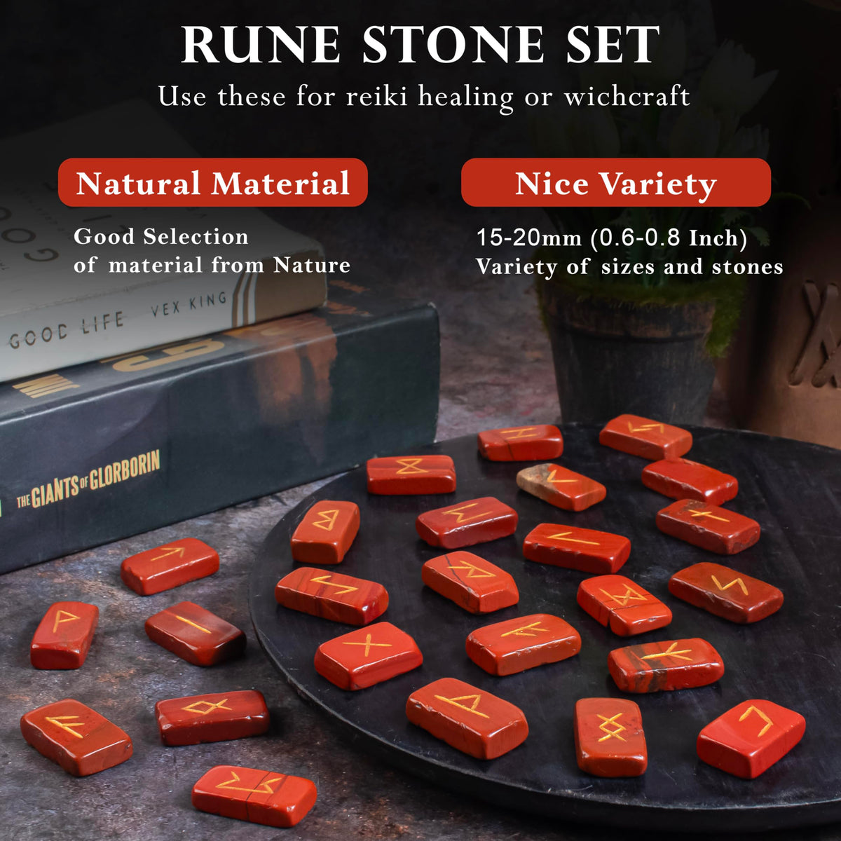 Crocon Red Jasper Rectangle Shape Gemstone Runes with Elder Futhark Alphabet Engraved 25 pcs Rune Set Crystal Divination Metaphysical Healing Balancing Chakra Reiki Runes with a Pouch| Size : 20-25mm