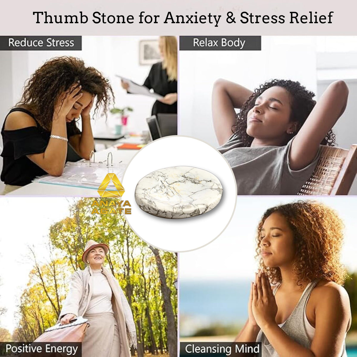 Anaya Agate Howlite Worry Stones Certified Crystal Thumb Worry Stone for Anguish, Relaxing and Soothing Balance Stones for Meditation, Stress Relief Crystals and Healing Stones for Men, Women