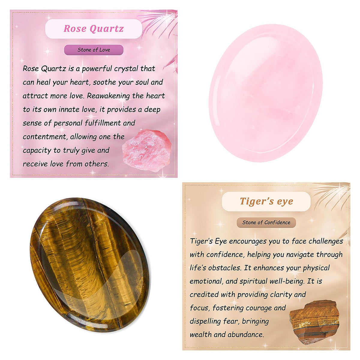 Tiger Eye & Rose Quartz Worry Stones for Anxiety, Worry Stone, Worry Stones Bulk, Palm Stone, Natural Crystals and Healing Stones, Stress Meditation Crystal