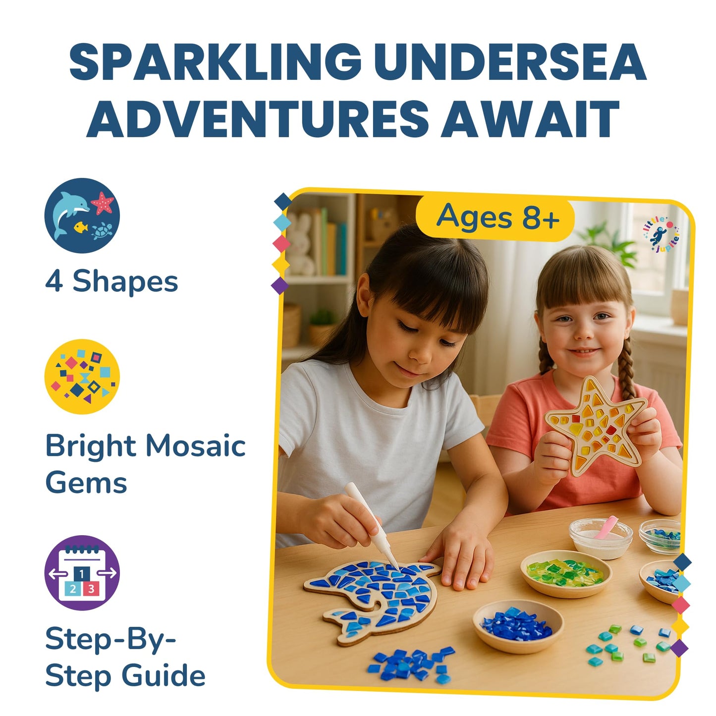 Little Jupiter DIY Mosaic Kit - Builds 4 Different Sea Mosaic Art Pieces - The Perfect Arts and Crafts for Girls and Boys Ages 8-12 - Kids Art Set Activity for Birthdays, Christmas, Holidays, & More