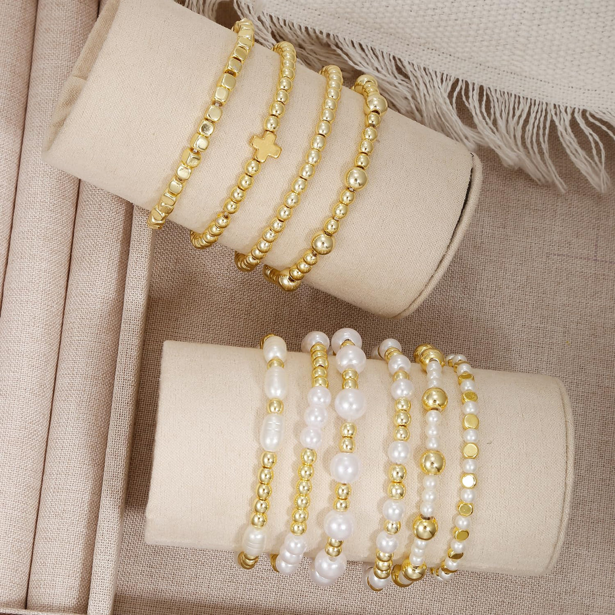 COLOYAN 10PCS Gold Bracelets for Women Stack, Cross Beaded Strand Bead Ball Stackable Gold Bracelet, Pearl Beaded Bracelets Elastic Bracelet Set